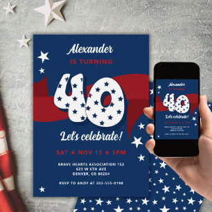 40th Birthday Party Patriotic Red White Blue Stars Invitation