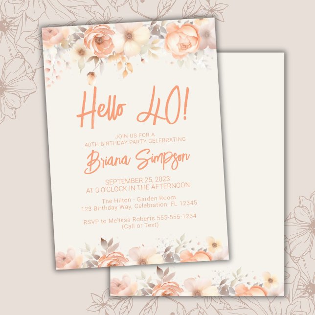40th Birthday Party Peach Beige Ivory Flowers Invitation (Creator Uploaded)