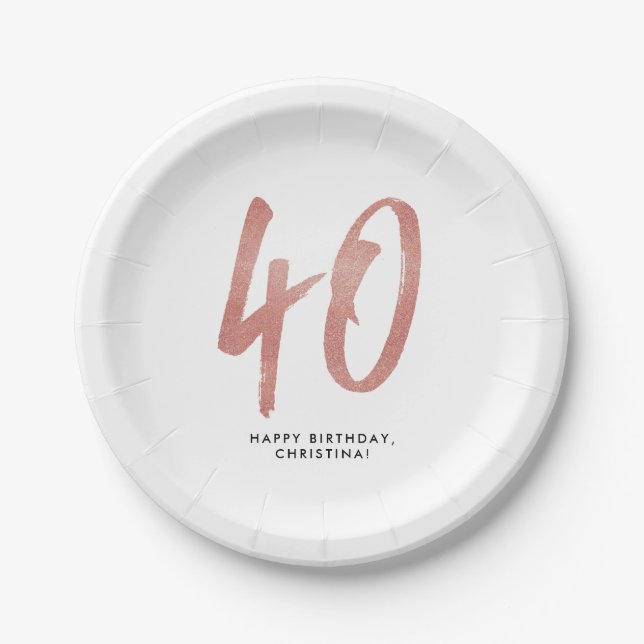 40th birthday party personalized rose gold paper plates (Front)