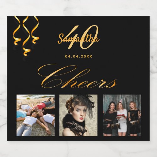 40th birthday party photo black gold cheers script sparkling wine label