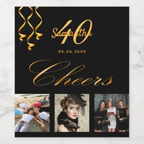 40th birthday party photo black gold cheers script wine label