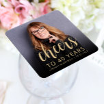 40th Birthday Party Photo Cheers Square Paper Coaster<br><div class="desc">This custom 40th birthday paper coaster features the guest of honor's personalized photo,  name,  and birthday,  along with the word "Cheers" in elegant gold-colored calligraphy script. A dark screen helps make the text pop. A great way to celebrate someone who's turning forty!</div>