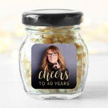 40th Birthday Party Photo Cheers Square Sticker<br><div class="desc">This custom 40th birthday sticker features the guest of honor's personalized photo and birthday,  along with the word "Cheers" in elegant gold-colored calligraphy script. A dark screen helps make the text pop. A great way to celebrate someone who's turning forty!</div>