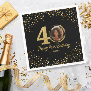 40th Birthday Party Photo Chic Black Gold Glitter Napkins