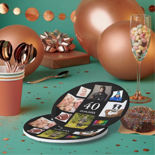 40th birthday party photo collage black guy man paper plates (Multi)