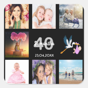 40th birthday party photo collage black square sticker