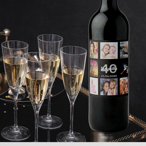 40th birthday party photo collage black wine label