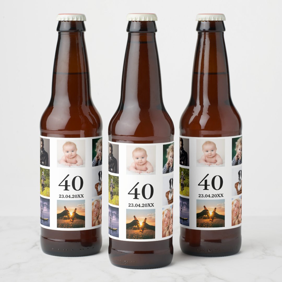 40th birthday party photo collage guy beer bottle label | Zazzle