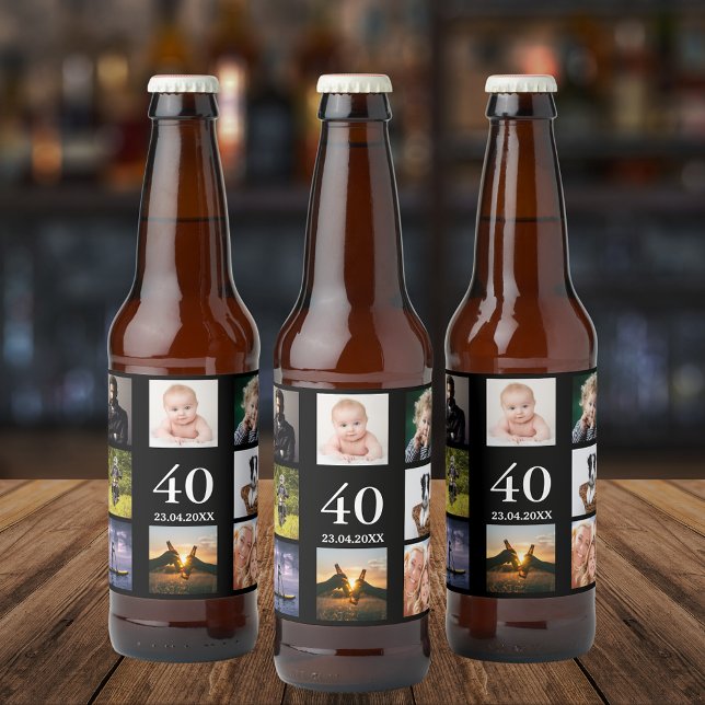 40th birthday party photo collage guy black beer bottle label (Creator Uploaded)