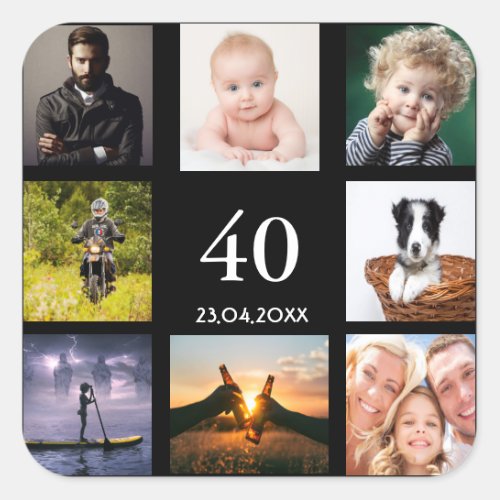 40th birthday party photo collage guy black square sticker