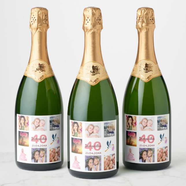 40th birthday party photo collage sparkling wine label (Bottles)
