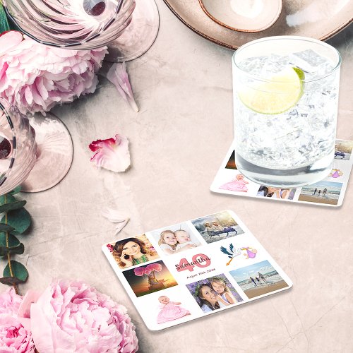 40th birthday party photo collage white square paper coaster