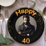 40th birthday party photo gold balloons black paper plates<br><div class="desc">A paper plate for a 40th birthday party for guys. Template for your photo.  Black background and the text: Happy 40.  The text is written with a trendy faux gold balloon script.  Golden confetti as decoration.
Matching paper napkins are available in our store!</div>