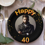 40th birthday party photo gold balloons black paper plates<br><div class="desc">A paper plate for a 40th birthday party for guys. Template for your photo.  Black background and the text: Happy 40.  The text is written with a trendy faux gold balloon script.  Golden confetti as decoration.
Matching paper napkins are available in our store!</div>
