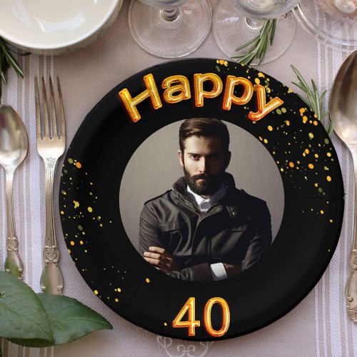 40th birthday party photo gold balloons black paper plates