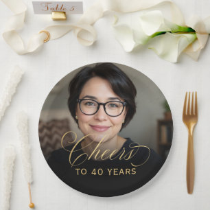 40th Birthday Party Photo Gold Script Cheers Paper Plates