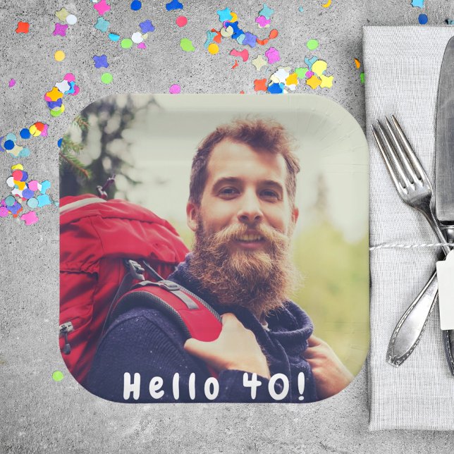 40th birthday party photo hello 40 guys men paper plates (Creator Uploaded)