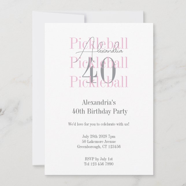 40th Birthday Party Pickleball Pink Typography Invitation (Front)