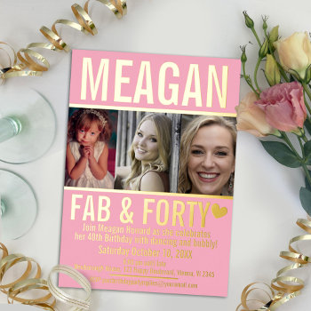 40th Birthday Party Pink And Gold With Photos Foil Invitation by Mylittleeden at Zazzle