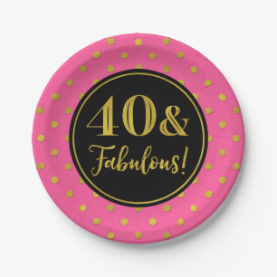 40th Birthday Party Pink Black Gold Dots Paper Plates