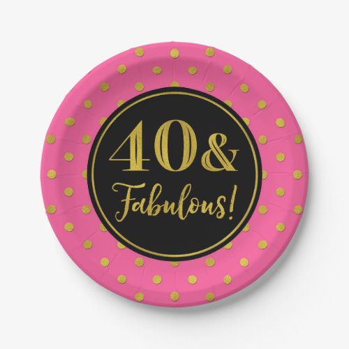 40th Birthday Party Pink Black Gold Dots Paper Plates