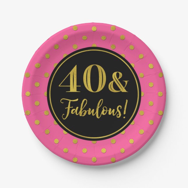 40th Birthday Party Pink Black Gold Dots Paper Plates (Front)