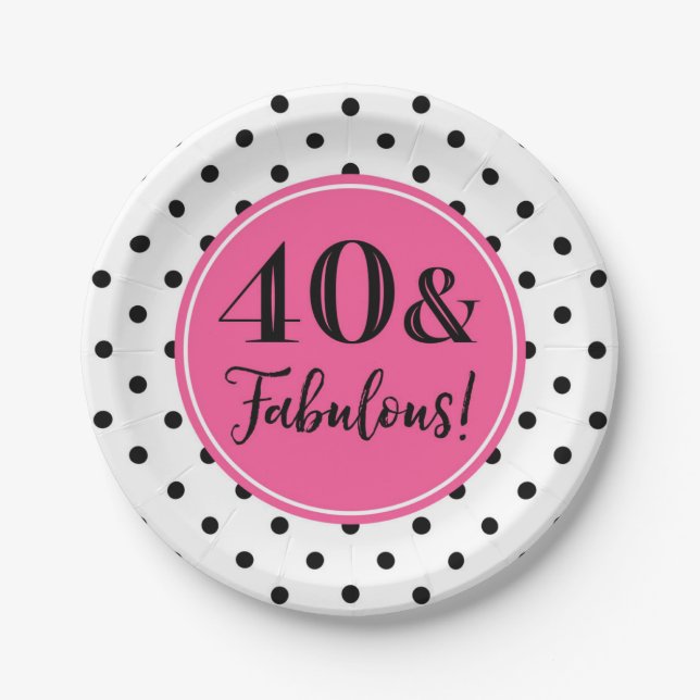 40th Birthday Party Pink Black White Dots Paper Plates (Front)