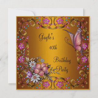 40th Birthday Party Pink Floral Butterfly Gold Invitation