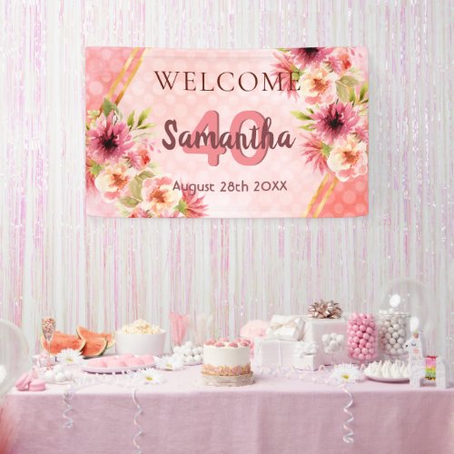 40th birthday party pink florals fold geometric banner