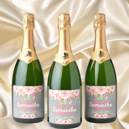 40th birthday party pink florals gray wood rustic sparkling wine label