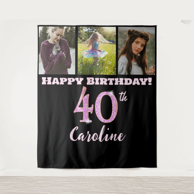 40th Birthday Party, Pink Glitter & 3 photos Tapestry (Front)