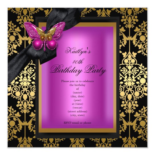 40th Birthday Party Pink Gold Damask Butterfly Invitation | Zazzle.com