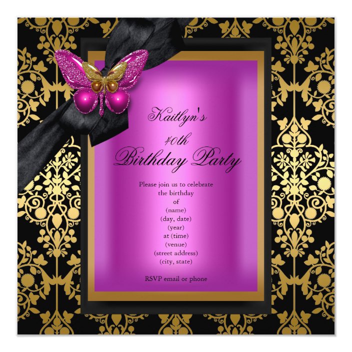 40th Birthday Party Pink Gold Damask Butterfly Invitation 