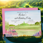 40th Birthday Party Pink Golf Cart Golf Course Invitation<br><div class="desc">This charming watercolor features a pine-lined golf course and a playful pink golf cart, framed by soft pink astilbe and blooming Russian sage—creating a lighthearted, serene setting perfect for a 40th birthday celebration. Ideal for the woman who loves golf and beautiful details, this invitation blends floral elegance with sporty fun....</div>