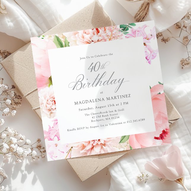 40th Birthday Party Pink Peony Floral Square Invitation (Creator Uploaded)