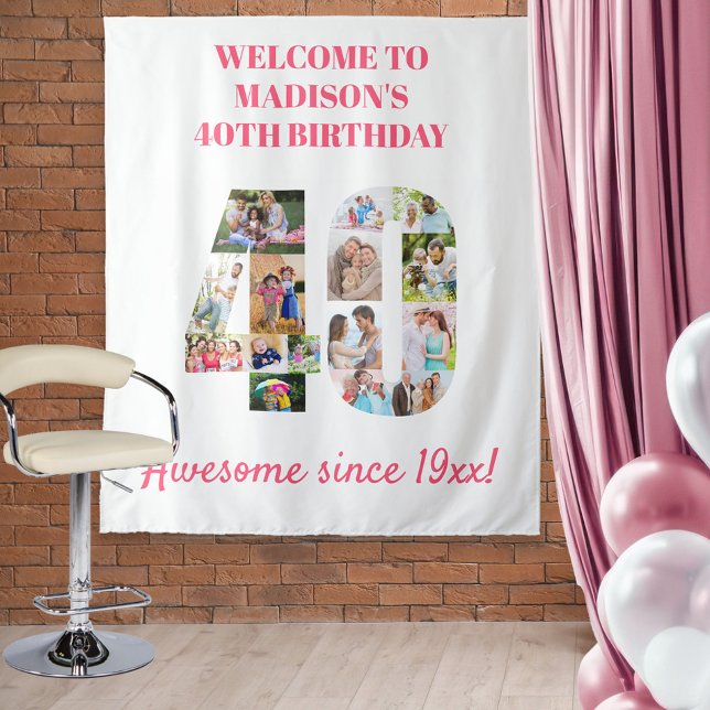 40th Birthday Party Pink Photo Collage Backdrop (Creator Uploaded)