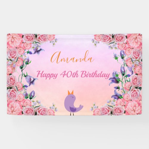 40th birthday party pink purple florals welcome banner