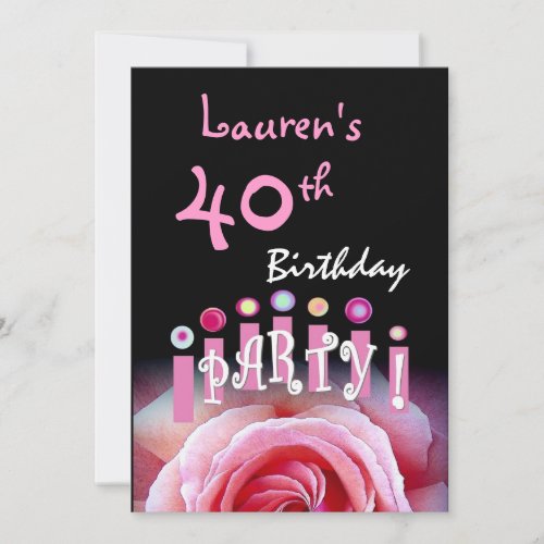 40th Birthday Party Pink Rose and Candles W1167 Invitation