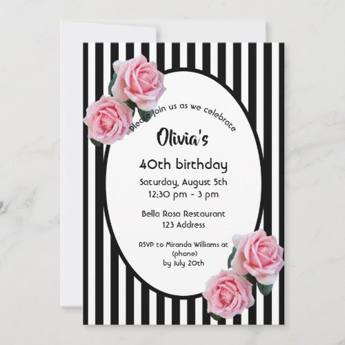 40th birthday party pink roses black white stripes invitation