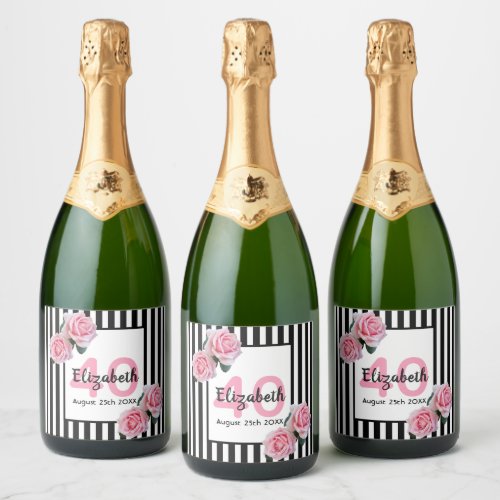 40th birthday party pink roses black white stripes sparkling wine label