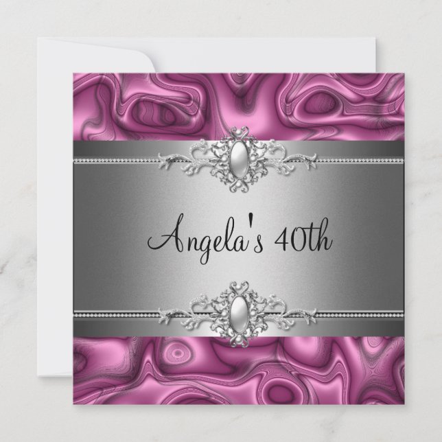 40th Birthday Party Pink Silver Abstract Invitation (Front)