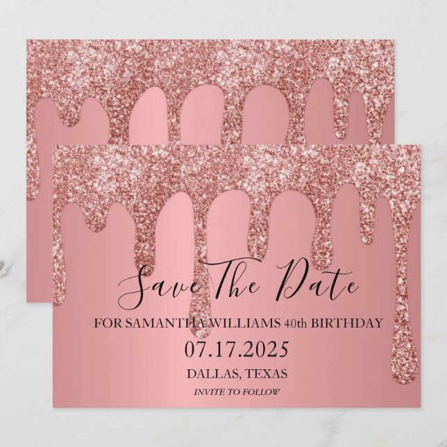 40th Birthday Party Pink Sparkle Glitter Drips Save The Date (Front/Back)