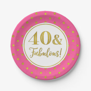 40th Birthday Party Pink White Gold Dots Paper Plates