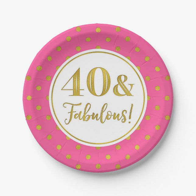 40th Birthday Party Pink White Gold Dots Paper Plates (Front)