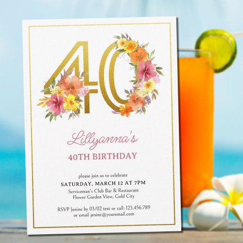 40th Birthday Party Pretty Floral Gold Number 40 Invitation