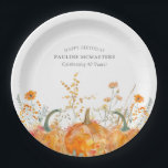 40th Birthday Party Pumpkin Wildflower Custom Paper Plates<br><div class="desc">Fall pumpkins are nestled in delicate golden yellow and orange wildflowers to create an elegant aesthetic. All of the text is editable so you can easily craft your own special mood.</div>