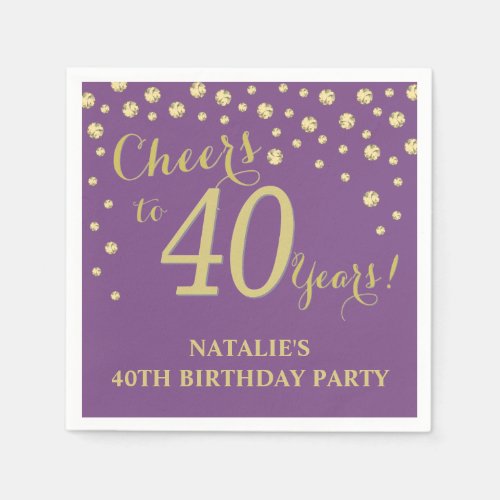 40th Birthday Party Purple and Gold Diamond Napkins