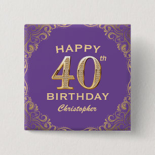 40th Birthday Party Purple and Gold Glitter Frame Button