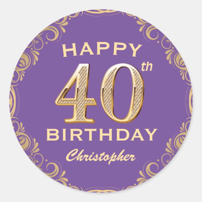 40th Birthday Party Purple and Gold Glitter Frame Classic Round Sticker (Front)
