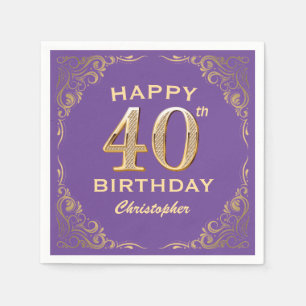 40th Birthday Party Purple and Gold Glitter Frame Napkins